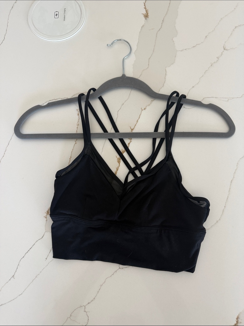Alo yoga Black Strappy workout top. Sheer material detail.